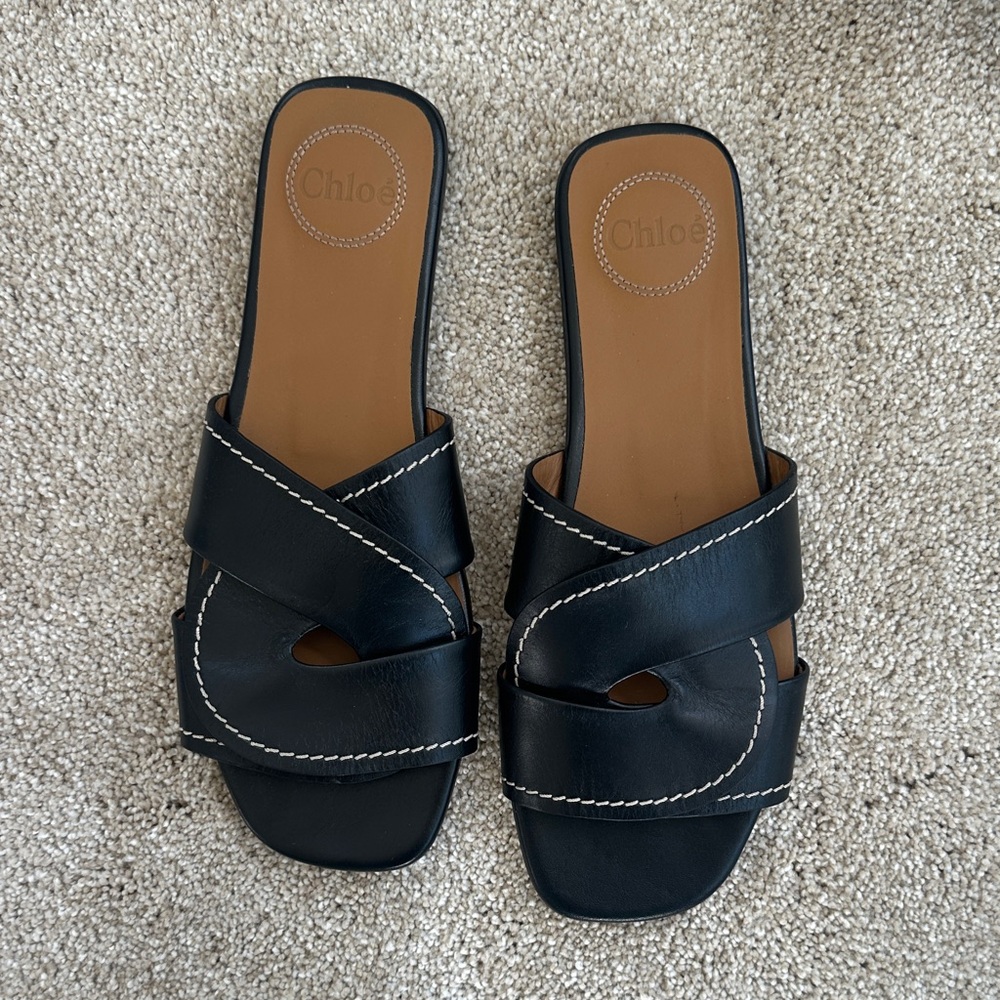 Chloe Black Leather Slide Sandals - Picture 3 of 13